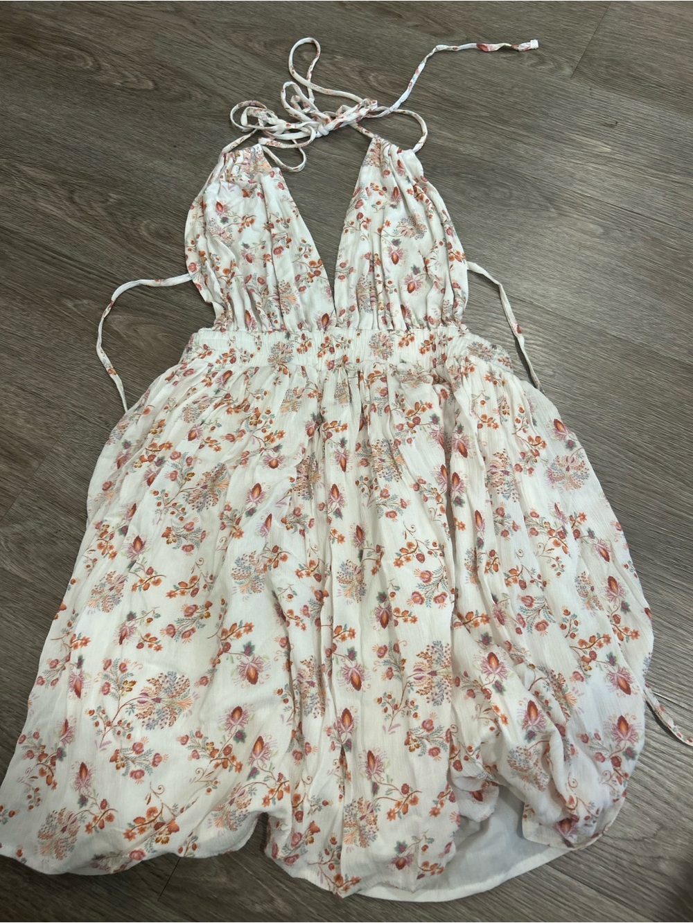 Cream Floral Halter Mini Dress with Smocked Waist